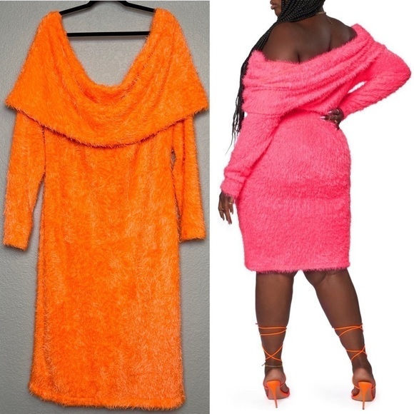 NWT ZELIE FOR SHE Sweater Dress Off Shoulder Fuzzy Eyelash Knit Neon Bodycon 2X - Picture 3 of 8